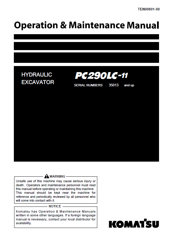 Komatsu PC290LC-11 Hydraulic Excavator Operation & Maintenance Manual PDF