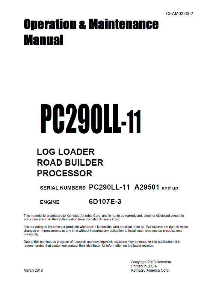 Komatsu PC290LL-11 Log Loader Manual CEAM032002 PDF