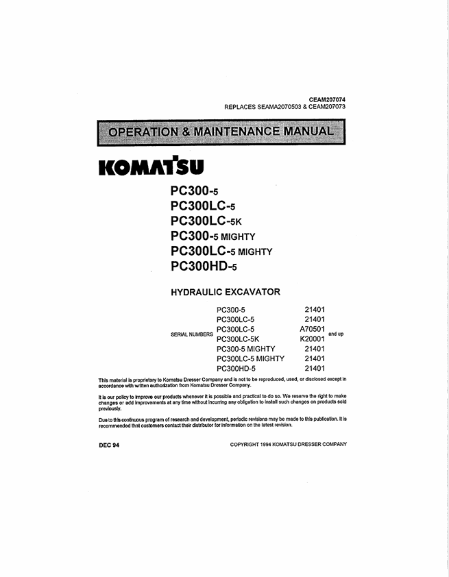 Komatsu PC300-5, PC300LC-5 & PC300LC-5K Hydraulic Excavator Operation & Maintenance Manual PDF – CEAM207074