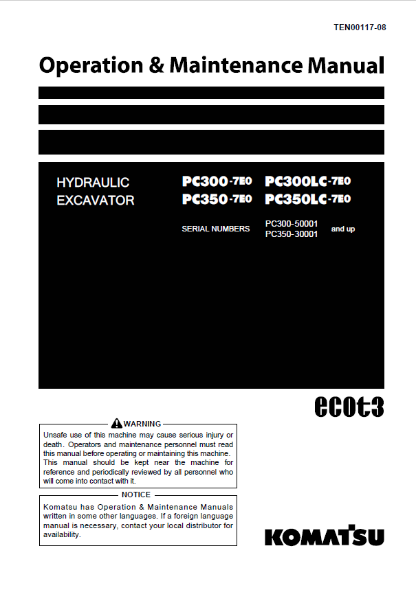 Komatsu PC300-7E0 PC300LC-7E0 PC350-7E0 PC350LC-7E0 Manual PDF