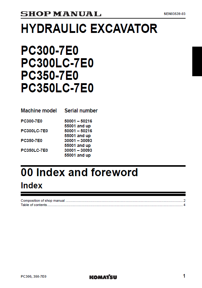 Komatsu PC300-7E0 PC350-7E0 Excavator Manual SEN03537-03
