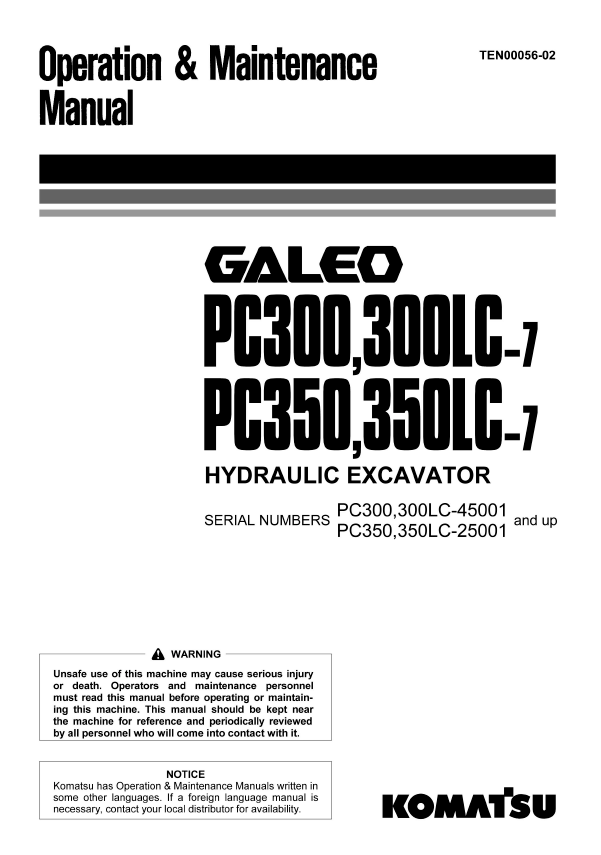 Komatsu PC300-7 & PC350-7 Hydraulic Excavator Operation Manual PDF