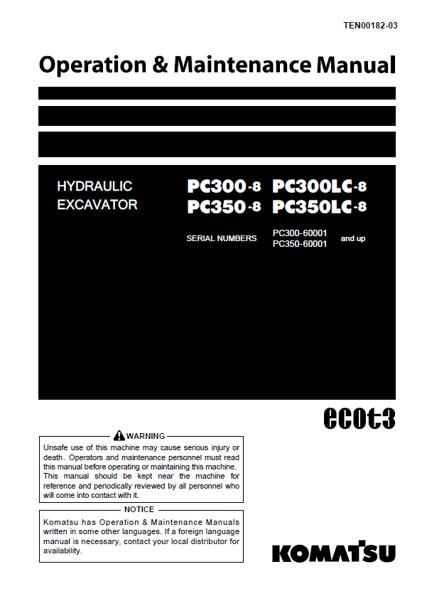 Komatsu PC300-8 PC300LC-8 PC350-8 PC350LC-8 Excavator Operation & Maintenance Manual PDF