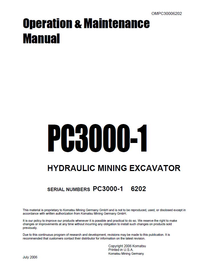 Komatsu PC3000-1 Hydraulic Mining Excavator Operation & Maintenance Manual (OMPC30006202)