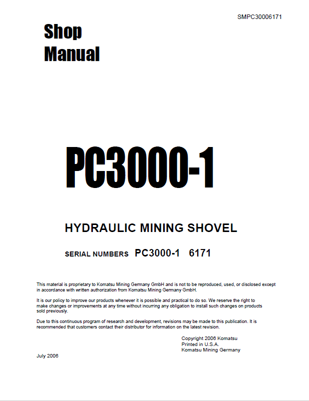 Komatsu PC3000-1 Hydraulic Mining Shovel Manual SMPC30006171