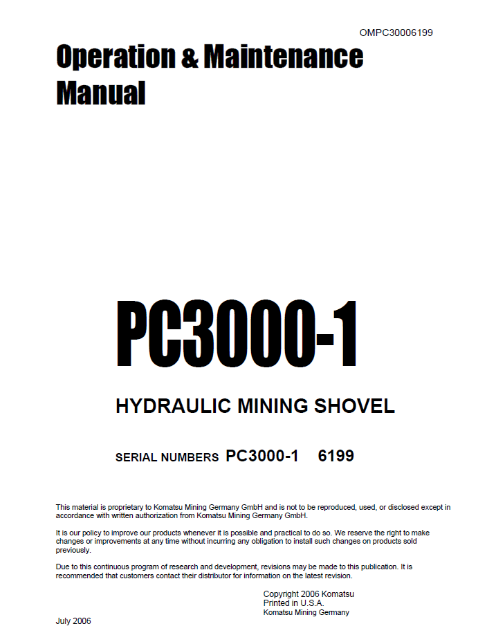 Komatsu PC3000-1 Hydraulic Mining Shovel Operation & Maintenance Manual (OMPC30006199)