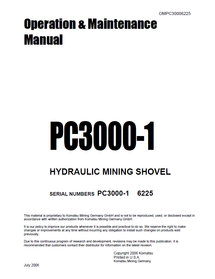 Komatsu PC3000-1 Hydraulic Mining Shovel Operation & Maintenance Manual (OMPC30006225D)