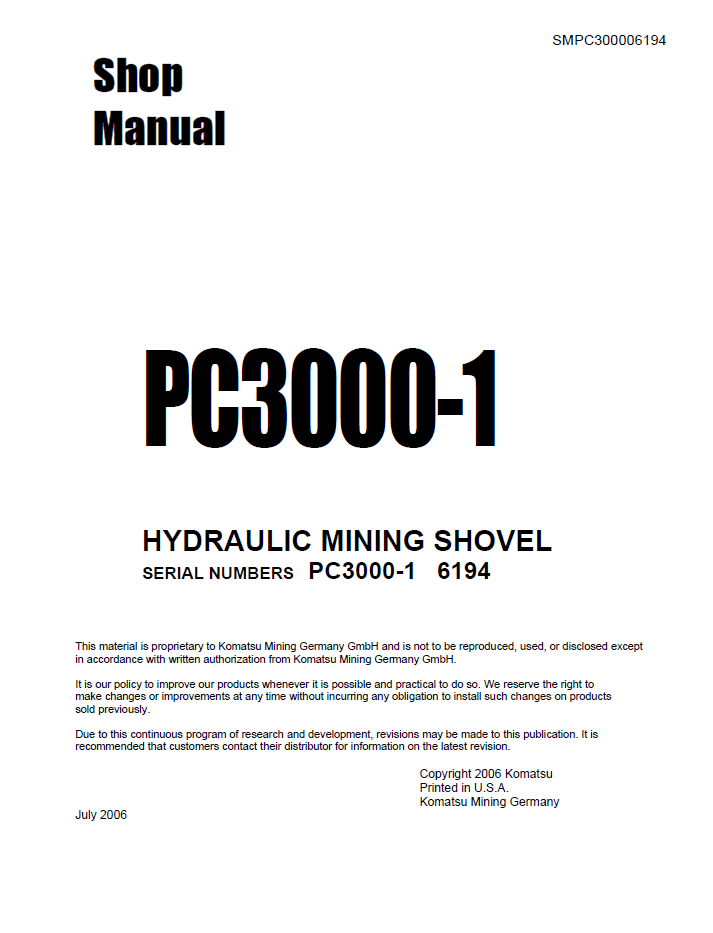 Komatsu PC3000-1 Hydraulic Mining Shovel Shop Manual SMPC30006194
