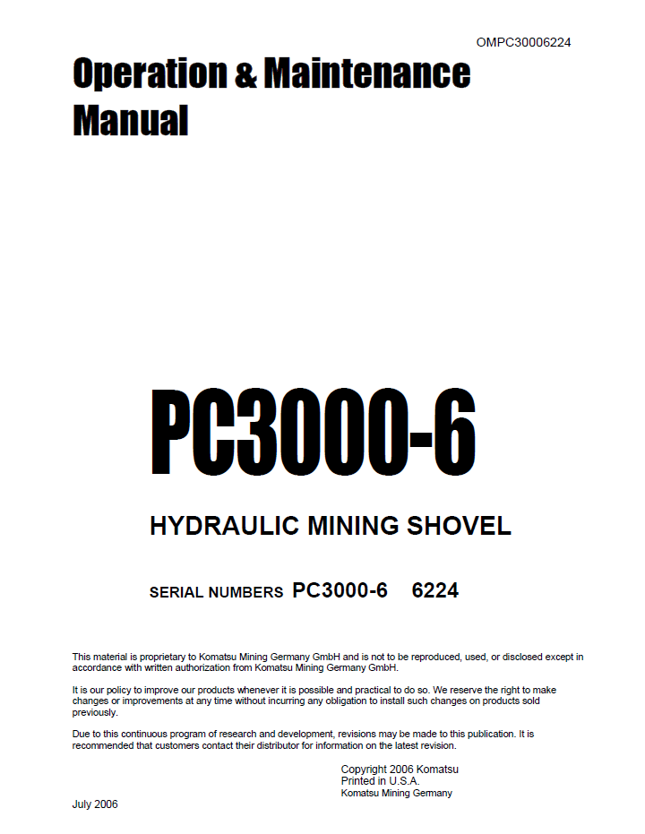 Komatsu PC3000-6 Hydraulic Mining Shovel Operation & Maintenance Manual (OMPC30006224)