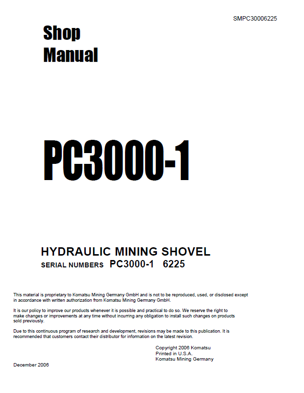Komatsu PC3000-6 Hydraulic Mining Shovel Shop Manual SMPC30006225D