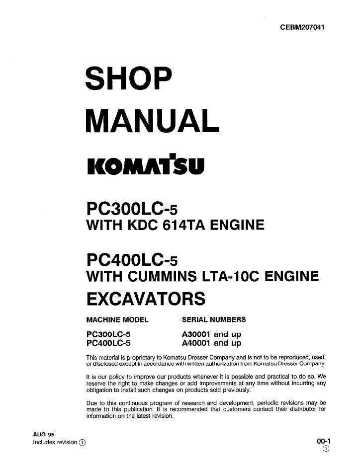 Komatsu PC300LC-5 PC400LC-5 Shop Manual CEBD207041 PDF