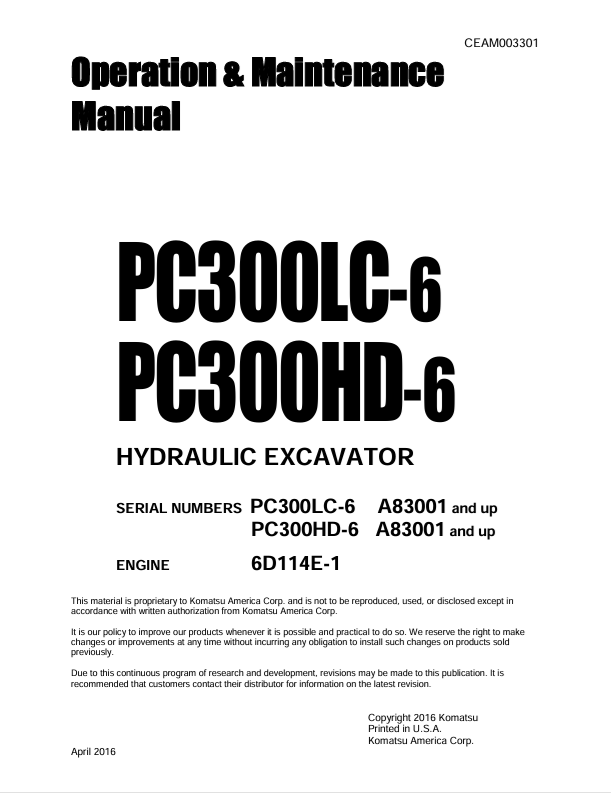 Komatsu PC300LC-6 PC300HD-6 Hydraulic Excavator Manual PDF