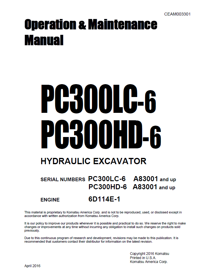 Komatsu PC300LC-6 PC300HD-6 Hydraulic Excavator Operation and Maintenance Manual CEAM003301 PDF