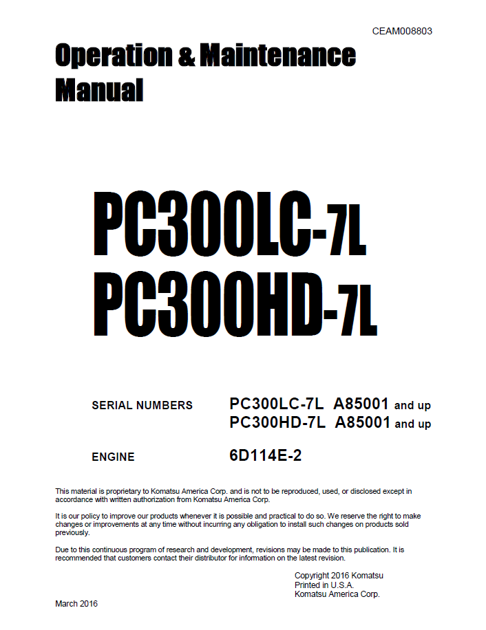 Komatsu PC300LC-7L PC300HD-7L Hydraulic Excavator Operation and Maintenance Manual CEAM008803 PDF