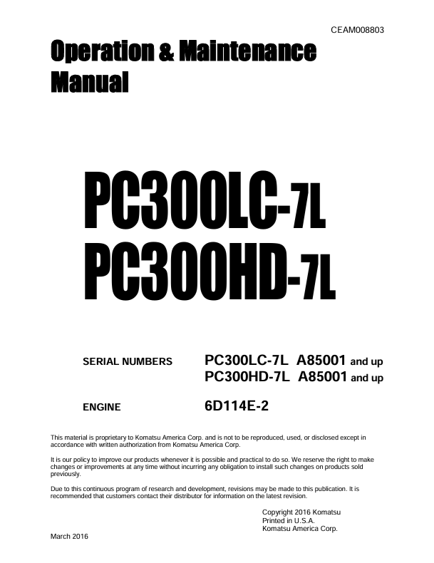 Komatsu PC300LC-7L, PC300HD-7L Operation & Maintenance Manual PDF