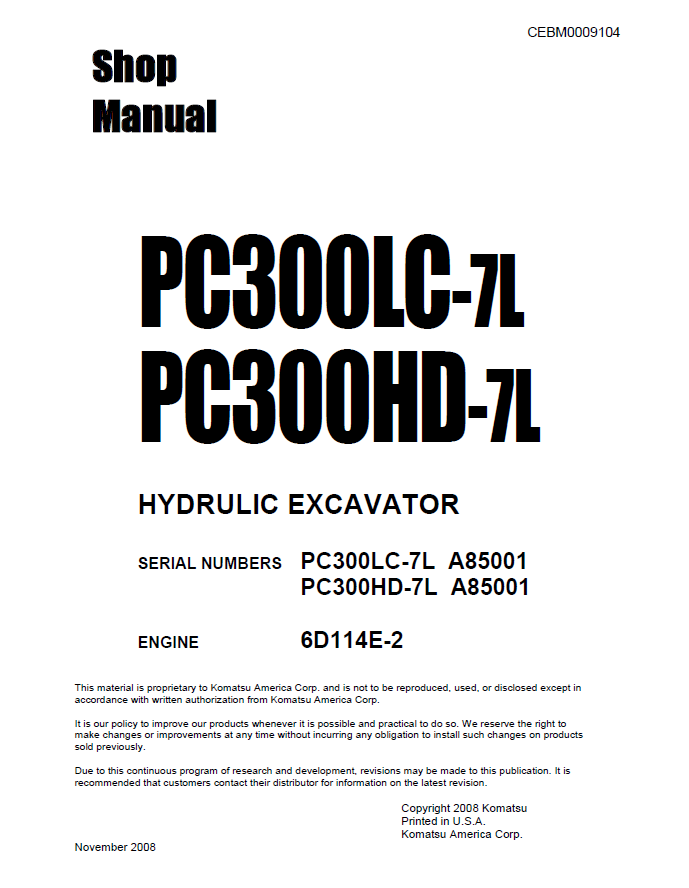 Komatsu PC300LC-7L PC300HD-7L Shop Manual CEBM009104 PDF