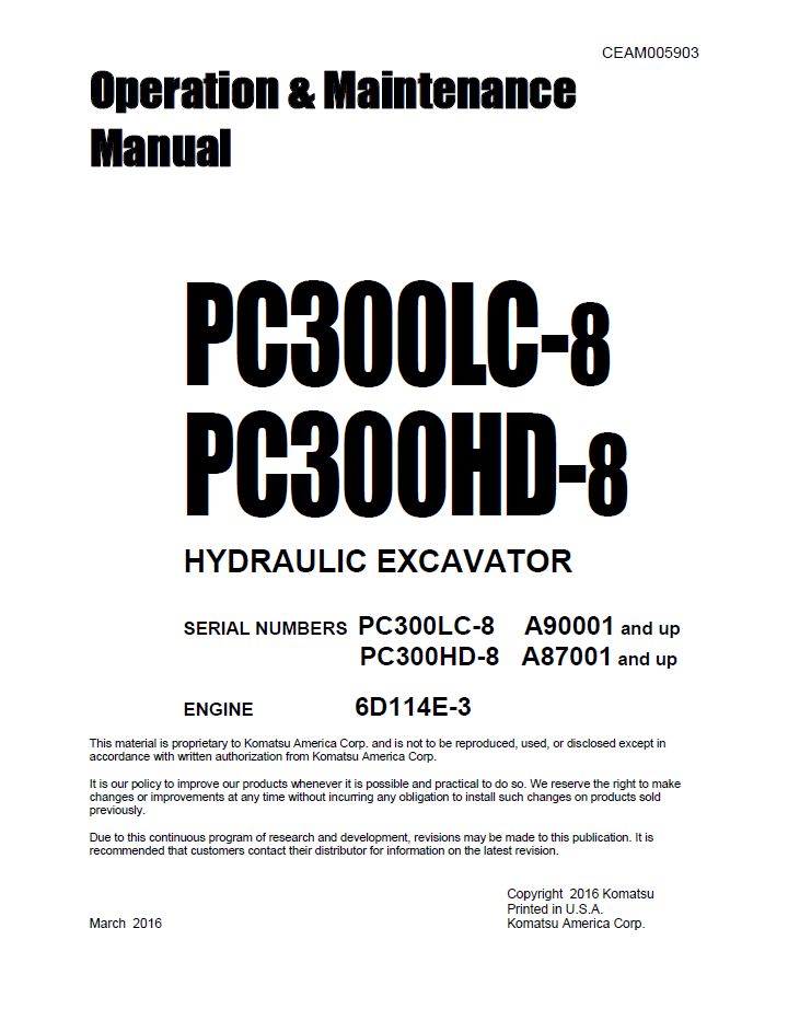 Komatsu PC300LC-8 PC300HD-8 Hydraulic Excavator Operation and Maintenance Manual CEAM005903 PDF