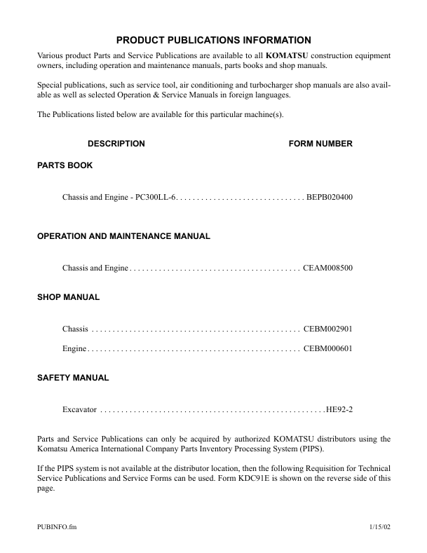 Komatsu PC300LL-6 Hydraulic Excavator Manual PDF – Operation & Maintenance