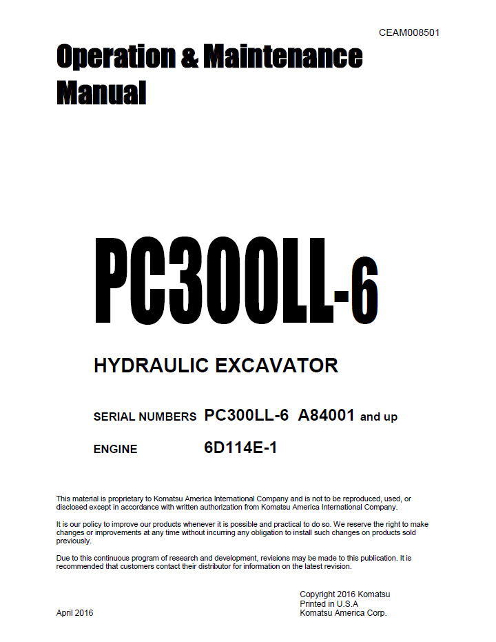 Komatsu PC300LL-6 Hydraulic Excavator Operation and Maintenance Manual CEAM008501 PDF