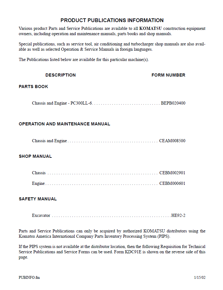 Komatsu PC300LL-6 Hydraulic Excavator Service & Maintenance Manual (CEAM008501)