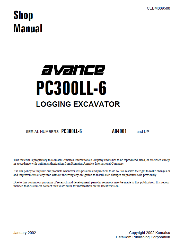 Komatsu PC300LL-6 Logging Excavator Manual CEBD009500 PDF