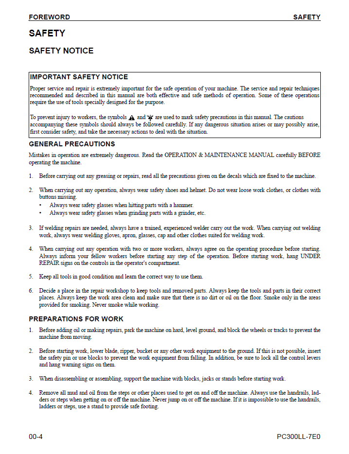 Komatsu PC300LL-70E Logging Excavator Manual (CEBM017800D PDF Download)