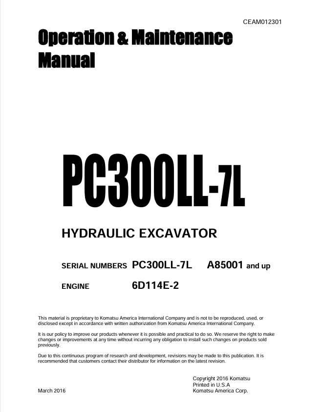 Komatsu PC300LL-7L Hydraulic Excavator Operation & Maintenance Manual PDF