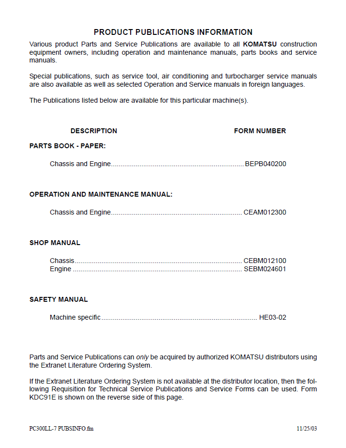 Komatsu PC300LL-7L Hydraulic Excavator Service & Maintenance Manual (CEAM012301)