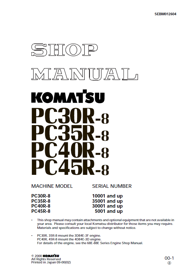 Komatsu PC30R-8, PC35R-8, PC40R-8, PC45R-8 Excavator Shop Manual (SEBD012604) - PDF Download