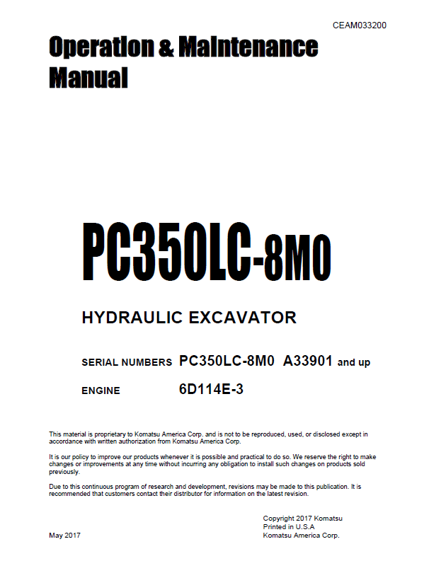Komatsu PC350LC-8M0 Excavator Operation Manual CEAM033200 PDF