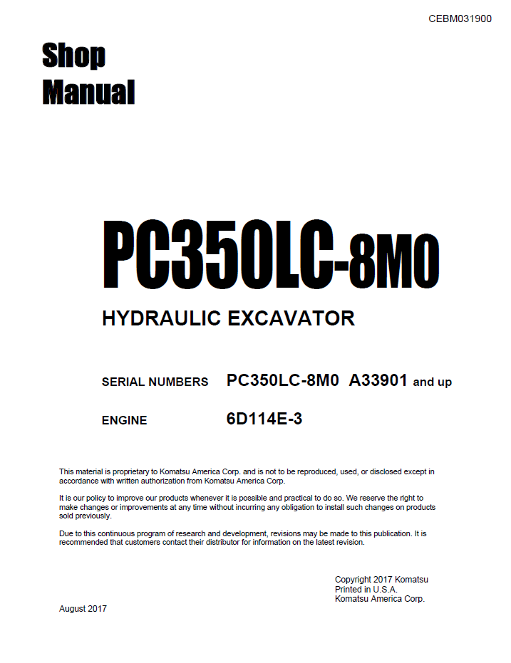 Komatsu PC350LC-8M0 Hydraulic Excavator Shop Manual | CEBM031900 PDF