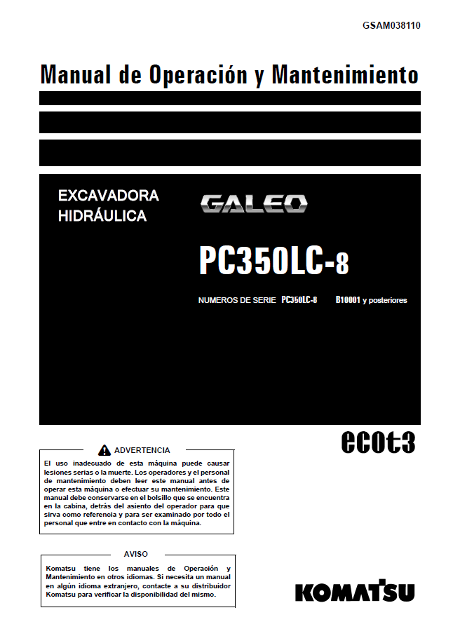 Komatsu PC350LC-8 Hydraulic Excavator Operation & Maintenance Manual GSAM038110 PDF