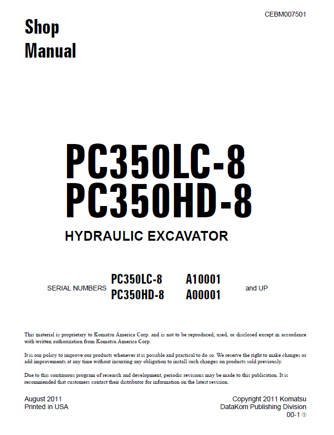 Komatsu PC350LC-8 PC350HD-8 Repair Manual CEBM007501 PDF