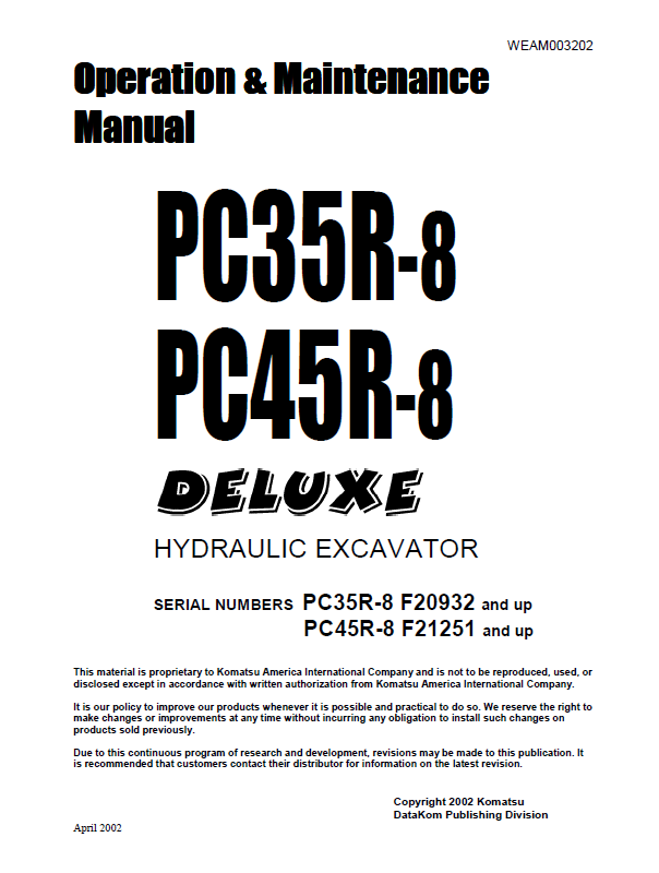 Komatsu PC35R-8 & PC45R-8 Hydraulic Excavator Operation & Maintenance Manual PDF