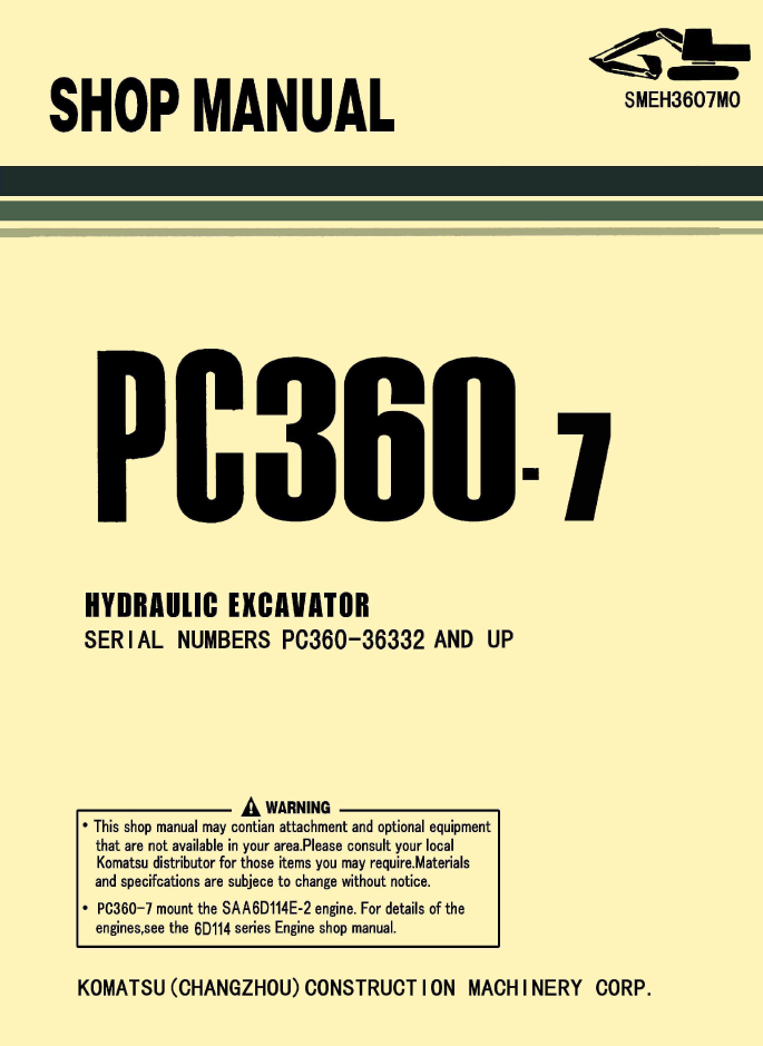 Komatsu PC360-7 Hydraulic Excavator Shop Manual SMEH3607M0 PDF
