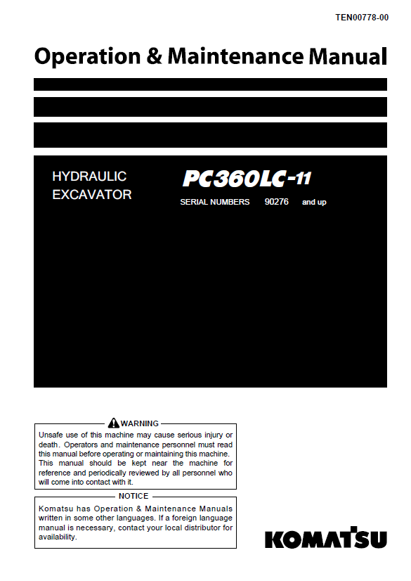 Komatsu PC360LC-11 Hydraulic Excavator Operation & Maintenance Manual (TEN00778-00)