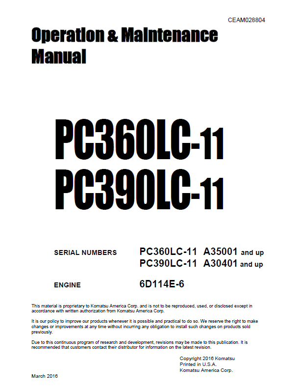 Komatsu PC360LC-11 PC390LC-11 Operation Manual CEAM028804 PDF