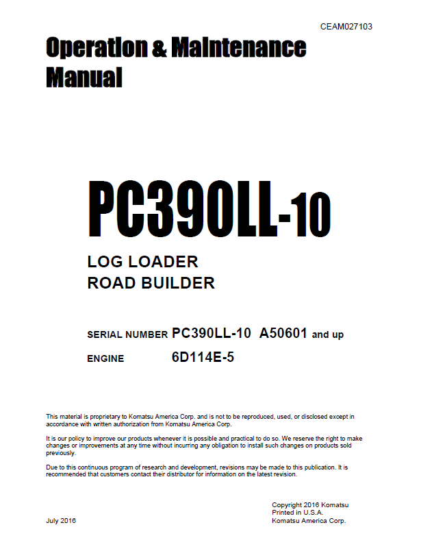 Komatsu PC390LL-10 Manual CEAM027103 PDF
