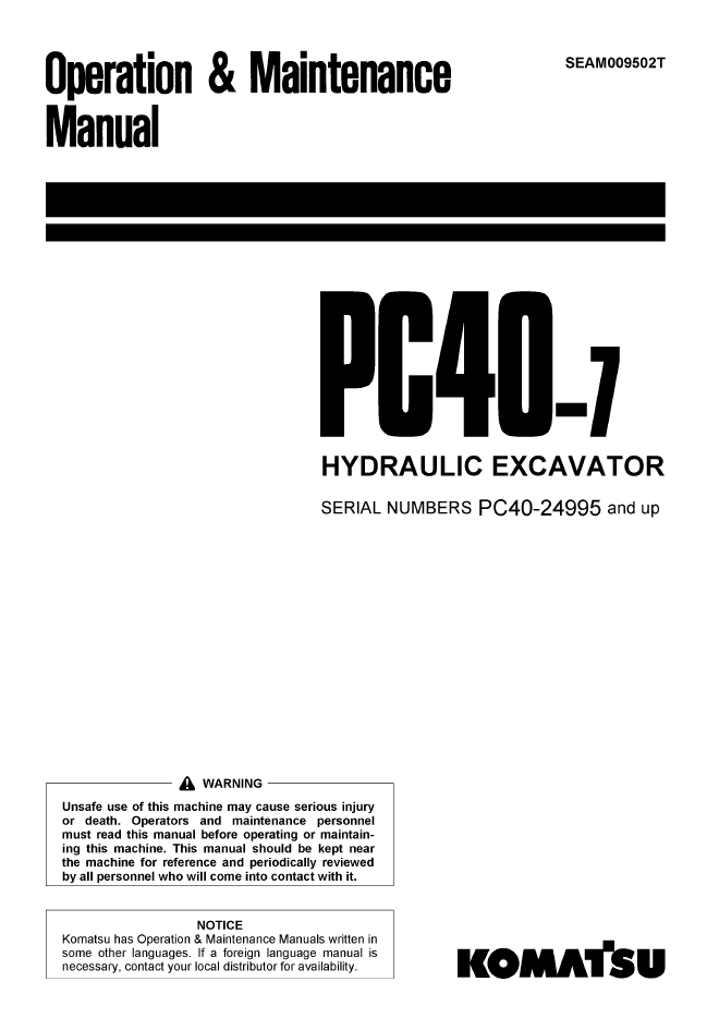 Komatsu PC40-7 Hydraulic Excavator Operation and Maintenance Manual (SEAM009502T)