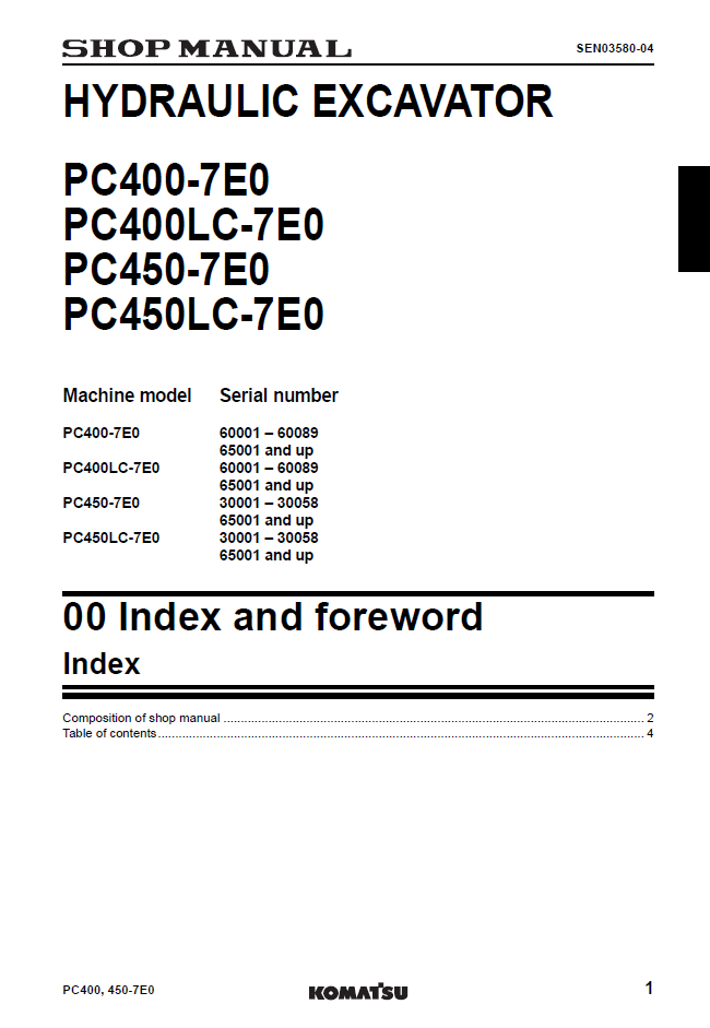 Komatsu PC400-7E0 PC450-7E0 Excavator Manual SEN03578-04