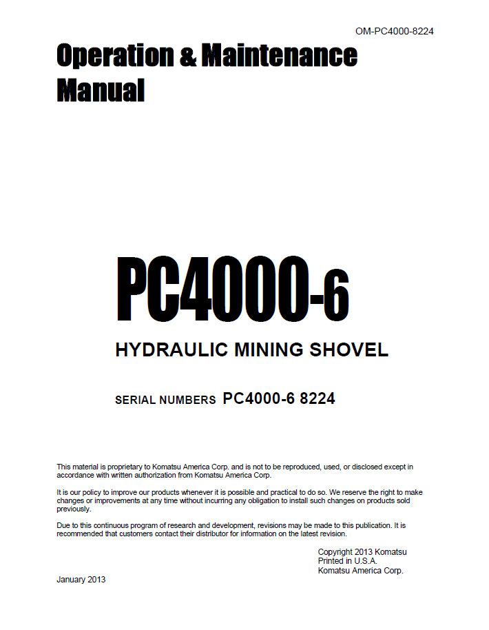 Komatsu PC4000-6 Hydraulic Mining Shovel Operation & Maintenance Manual OM-PC4000-8224 PDF