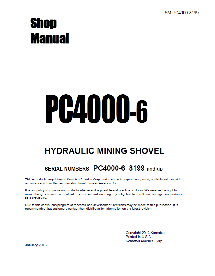 Komatsu PC4000-6 Hydraulic Mining Shovel Shop Manual SM-PC4000-8199