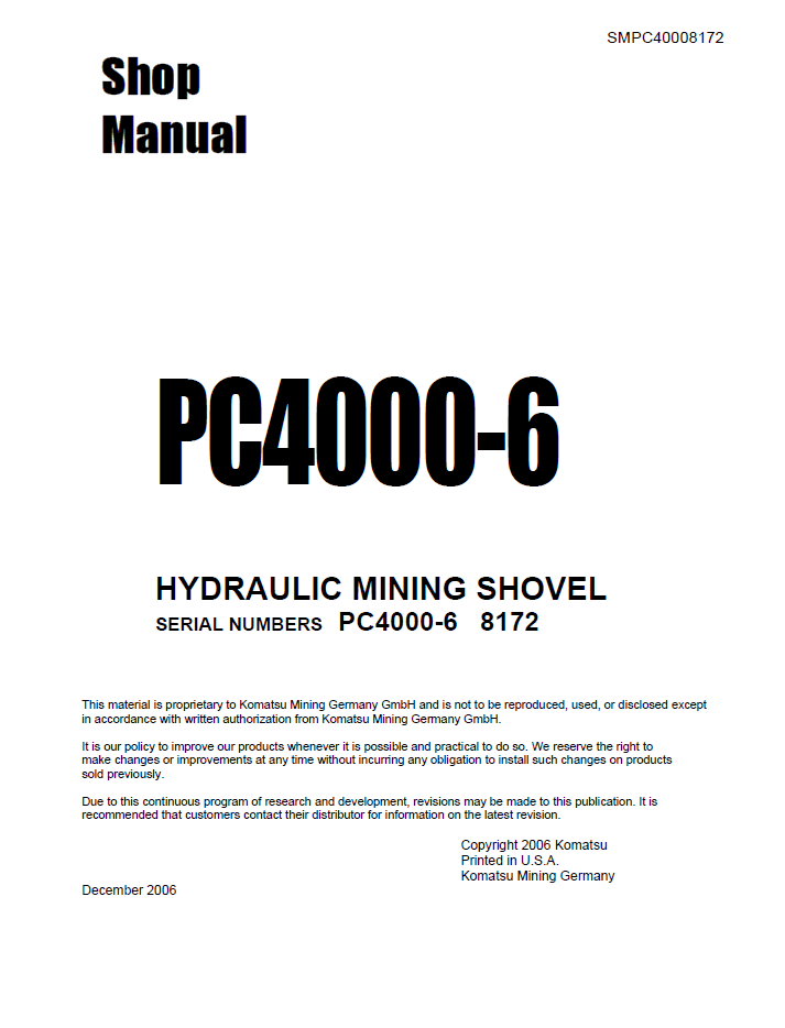Komatsu PC4000-6 Hydraulic Mining Shovel Shop Manual SMPC40008172D