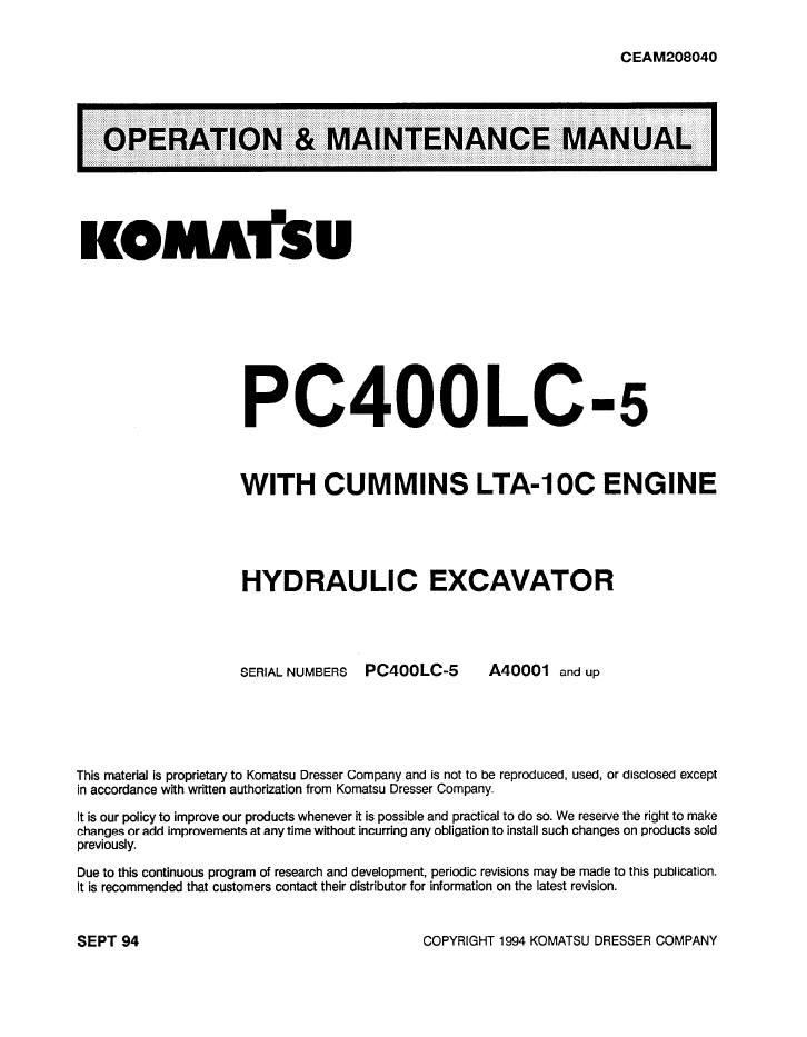 Komatsu PC400LC-5 Hydraulic Excavator Operation & Maintenance Manual CEAD208040