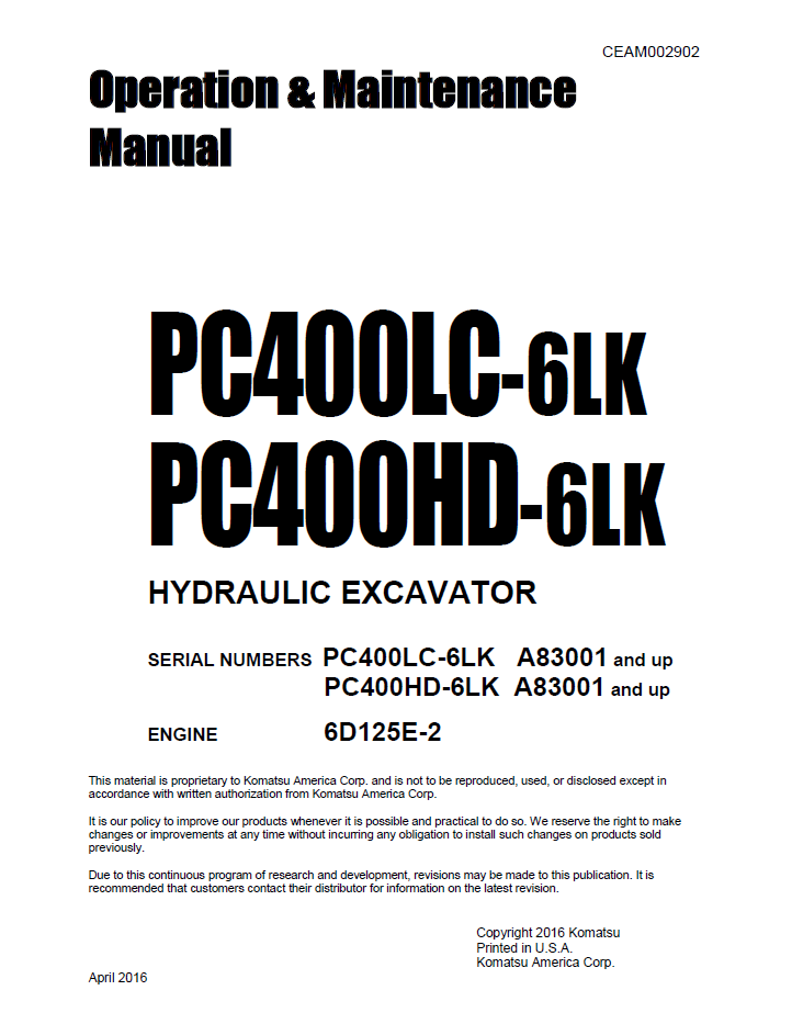 Komatsu PC400LC-6LK PC400HD-6LK Hydraulic Excavator Operation and Maintenance Manual CEAM002902 PDF