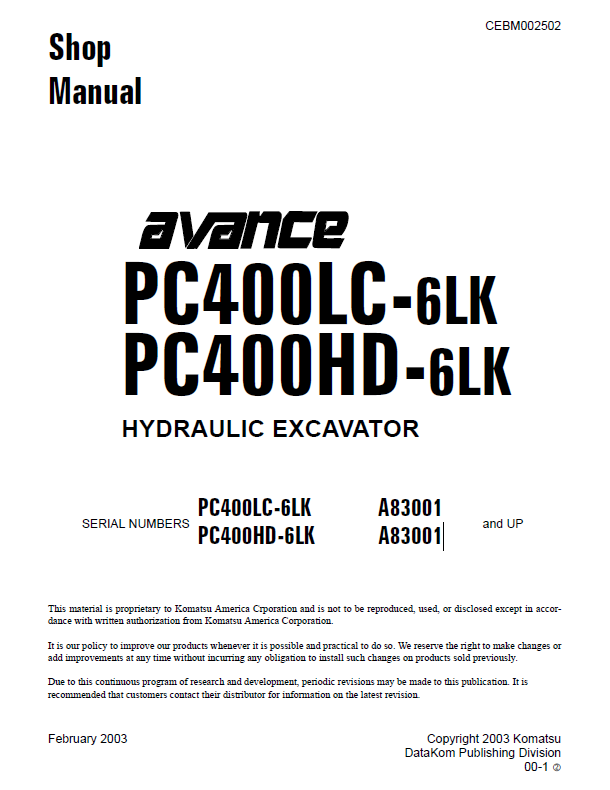 Komatsu PC400LC-6LK PC400HD-6LK Shop Manual CEBD002502 PDF