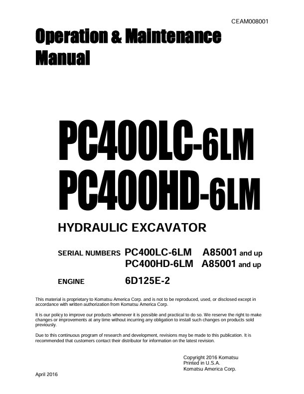 Komatsu PC400LC-6LM, PC400HD-6LM Hydraulic Excavator Manual PDF