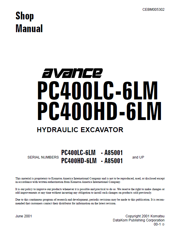 Komatsu PC400LC-6LM PC400HD-6LM Shop Manual CEBD005302 PDF