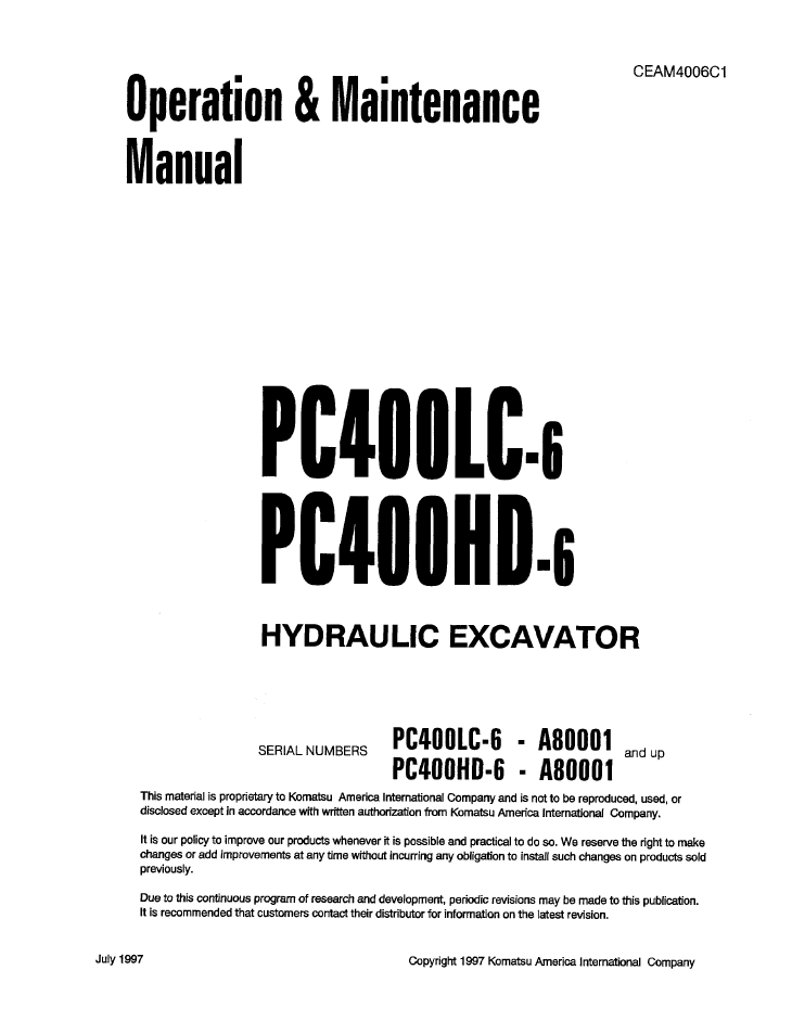 Komatsu PC400LC-6 PC400HD-6 Manual CEAD4006C1 PDF