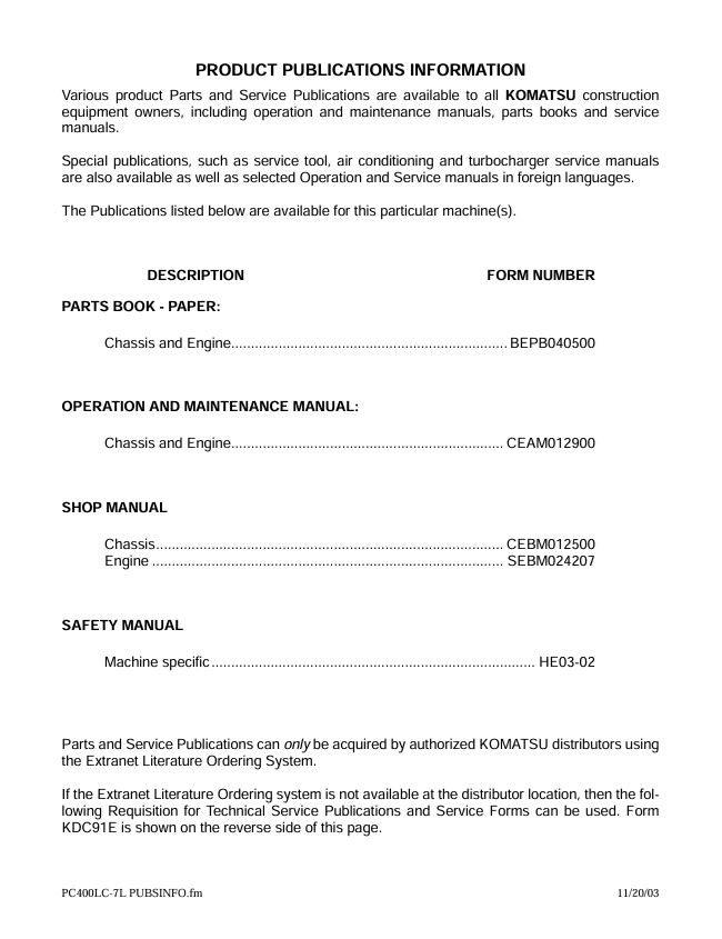 Komatsu PC400LC-7L Excavator Operation and Maintenance Manual PDF